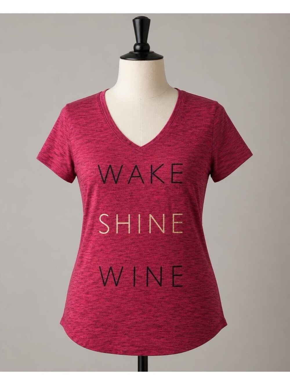 Apt. 9 Burgundy V-Neck T-Shirt with 'Wake Shine Wine' Print, Size Medium
